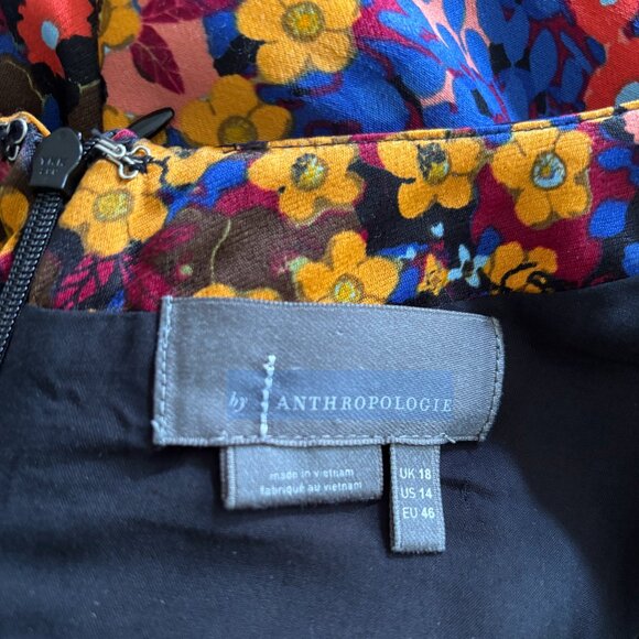 Anthropologie Ruffled Satin Mini Dress in Black Motif Size 14 - Picture 7 of 8